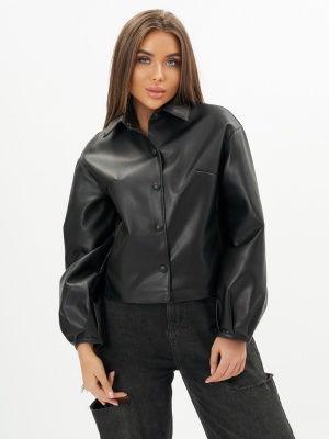 Короткая кожаная куртка женская черного цвета 246Ch фото в интернет-магазине FrontFlip.Ru