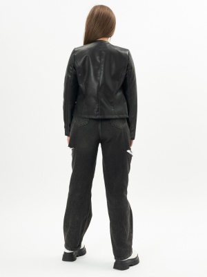Короткая кожаная куртка женская черного цвета 245Ch фото в интернет-магазине FrontFlip.Ru