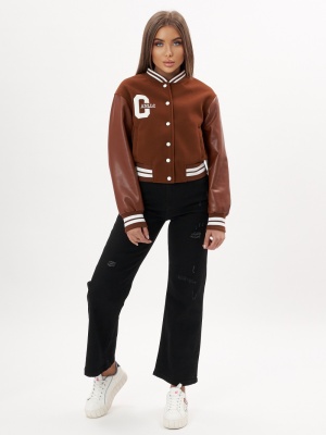 Кожаный бомбер женский коричневого цвета 3610K фото в интернет-магазине FrontFlip.Ru