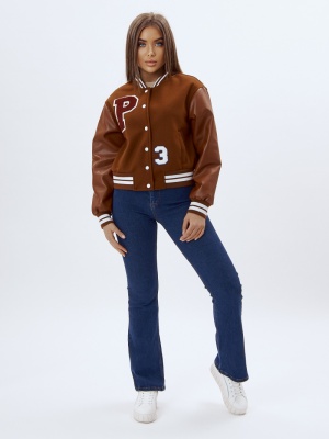 Кожаный бомбер женский коричневого цвета 3611K фото в интернет-магазине FrontFlip.Ru