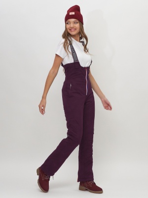 Полукомбинезон брюки горнолыжные темно-бордового цвета женские  66179Tb фото в интернет-магазине FrontFlip.Ru