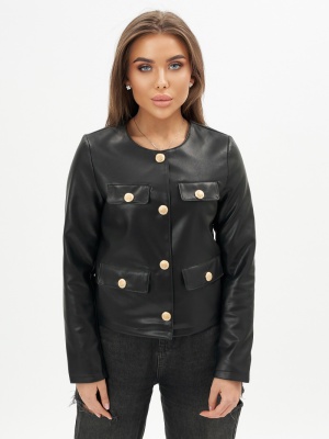 Короткая кожаная куртка женская черного цвета 245Ch фото в интернет-магазине FrontFlip.Ru