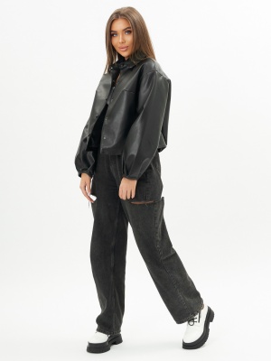 Короткая кожаная куртка женская черного цвета 246Ch фото в интернет-магазине FrontFlip.Ru