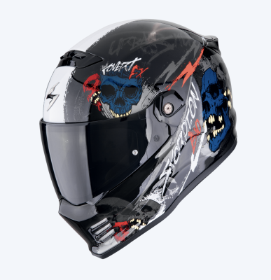 [SCORPION EXO] Мотошлем COVERT-FX SKULLZ, цвет Черный/Синий/Красный фото в интернет-магазине FrontFlip.Ru