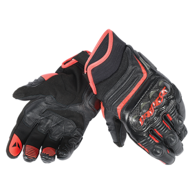 DAINESE CARBON D1 SHORT GLOVES - BLACK/BLACK/FLUO-RED перчатки короткие муж фото в интернет-магазине FrontFlip.Ru